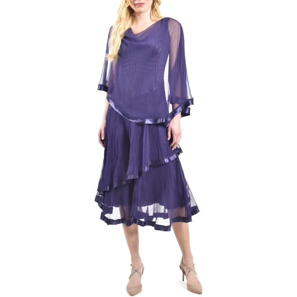 Komarov Chiffon Capelet Charmeuse Midi Dress Women's Small Purple 3/4 Sleeve